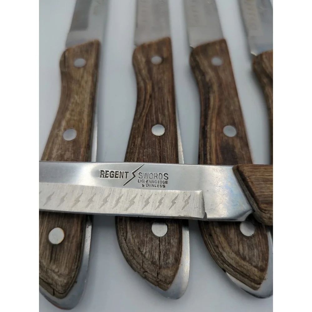 Vtg 5 Regent Swords Lightning Japan‎ SS Steak Knives Full Tang Wood Handle READ